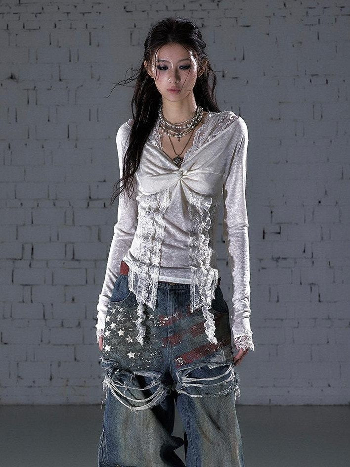 NO ROMANCE Punk Lace Twist Knot One Shoulder Hooded Women'S Polyester Hoodies