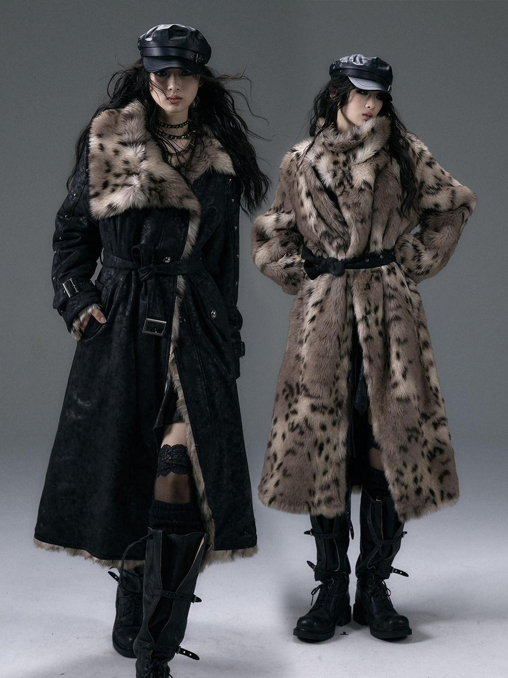 NO ROMANCE Punk Leopard Print Reversible Women'S Faux Suede Faux Fur Long Coats