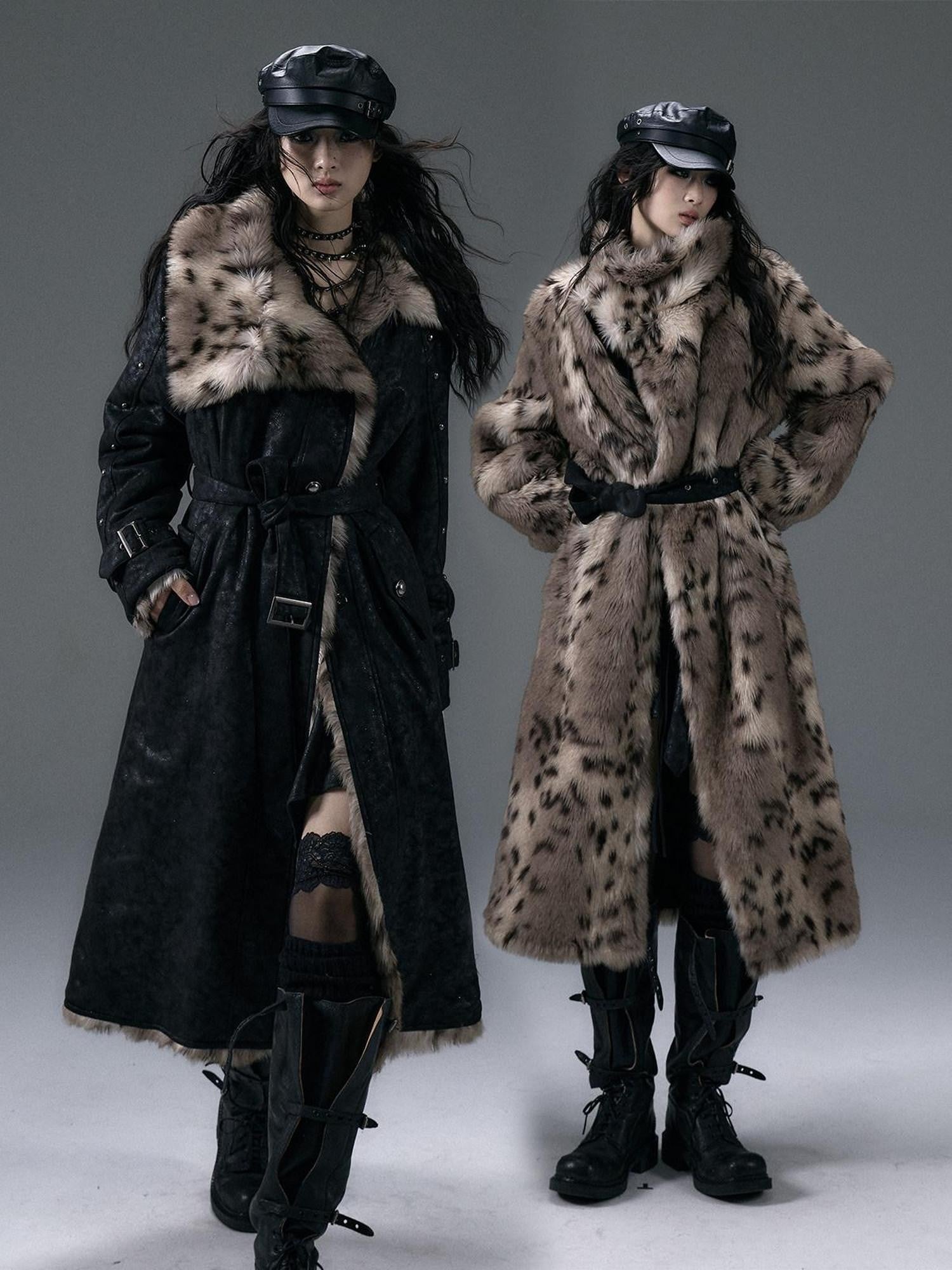 NO ROMANCE Punk Leopard Print Reversible Women'S Faux Suede Faux Fur Long Coats