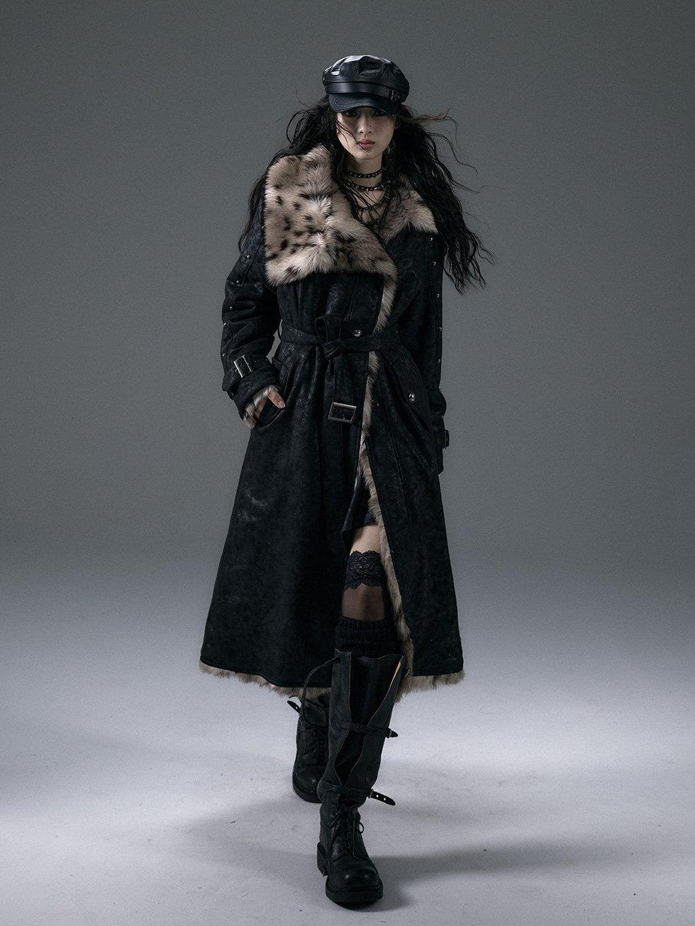 NO ROMANCE Punk Leopard Print Reversible Women'S Faux Suede Faux Fur Long Coats