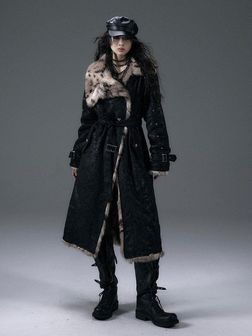 NO ROMANCE Punk Leopard Print Reversible Women'S Faux Suede Faux Fur Long Coats