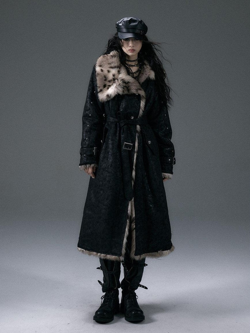 NO ROMANCE Punk Leopard Print Reversible Women'S Faux Suede Faux Fur Long Coats
