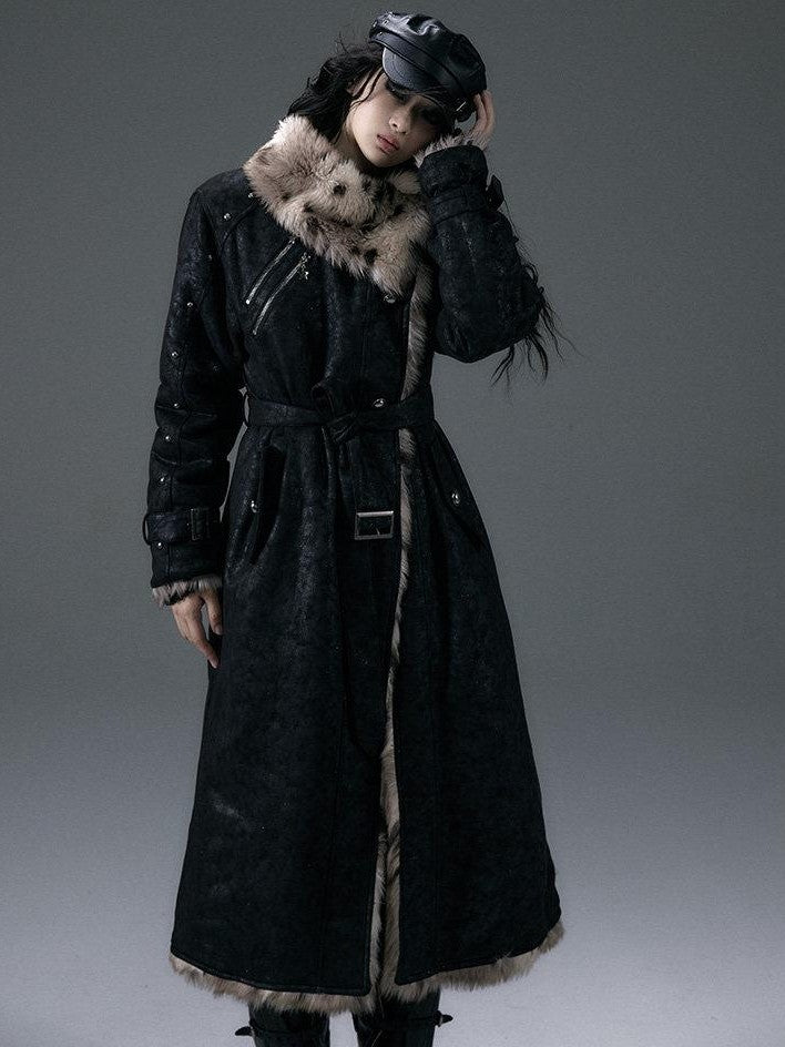 NO ROMANCE Punk Leopard Print Reversible Women'S Faux Suede Faux Fur Long Coats