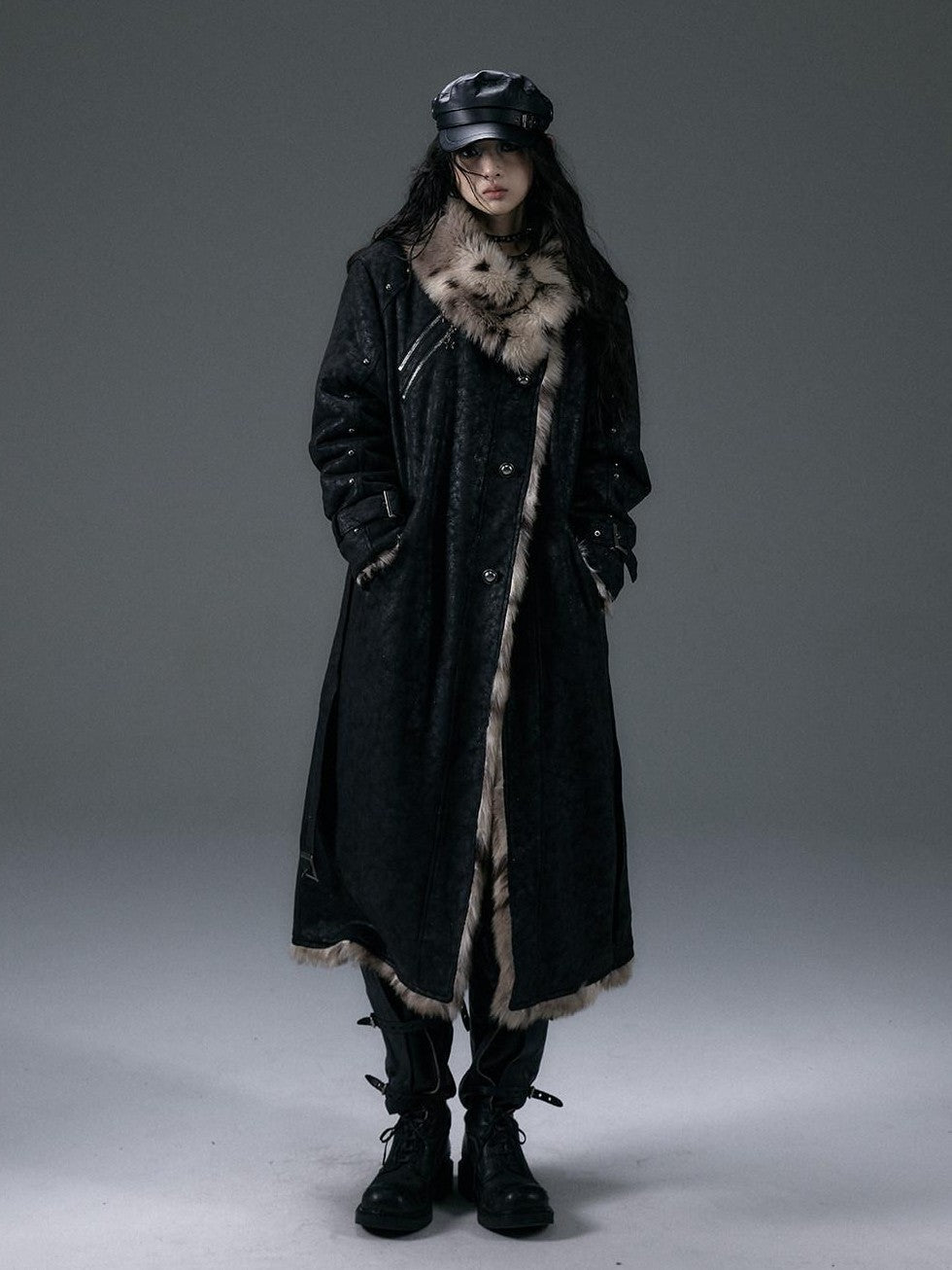 NO ROMANCE Punk Leopard Print Reversible Women'S Faux Suede Faux Fur Long Coats