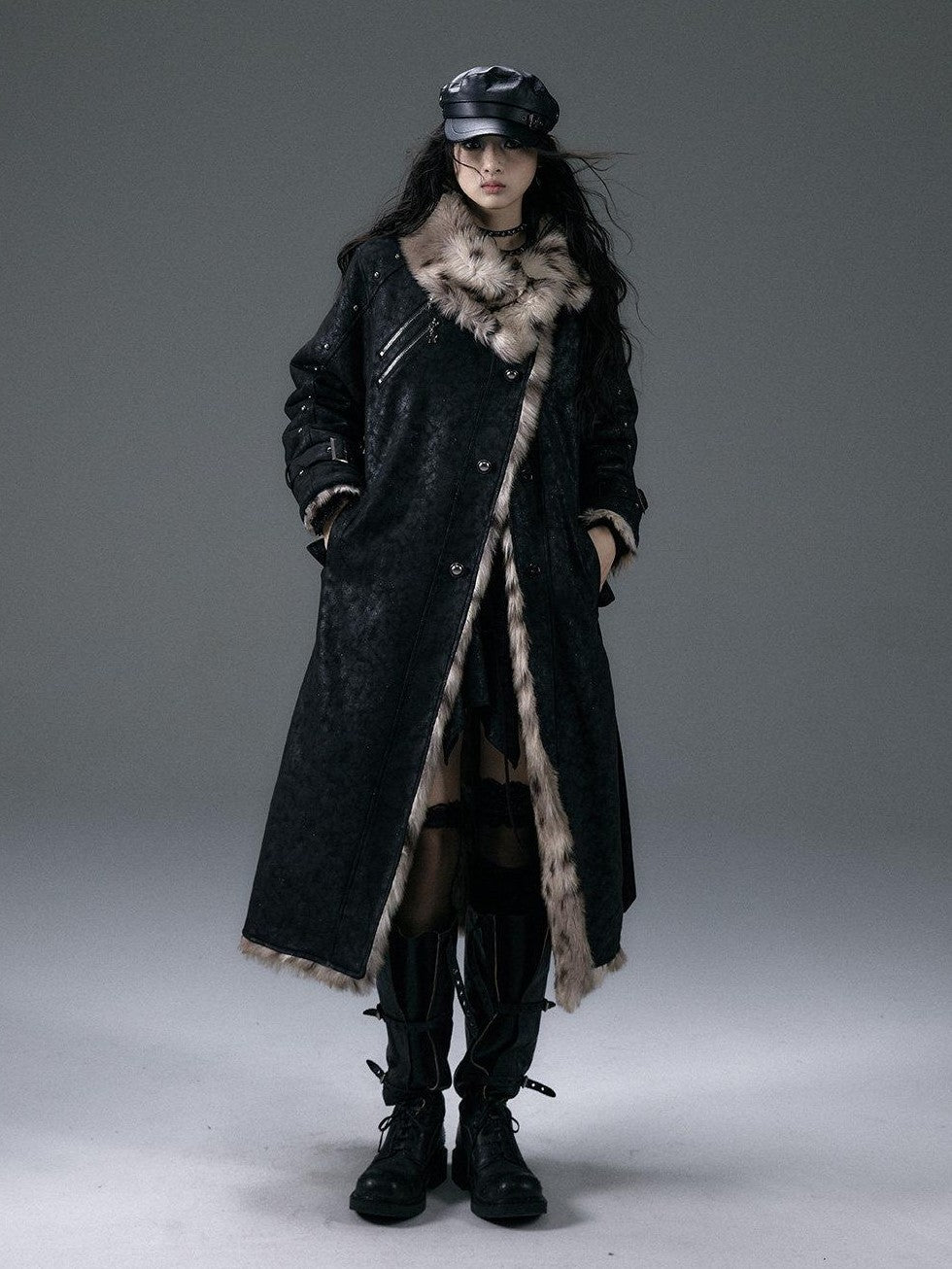 NO ROMANCE Punk Leopard Print Reversible Women'S Faux Suede Faux Fur Long Coats