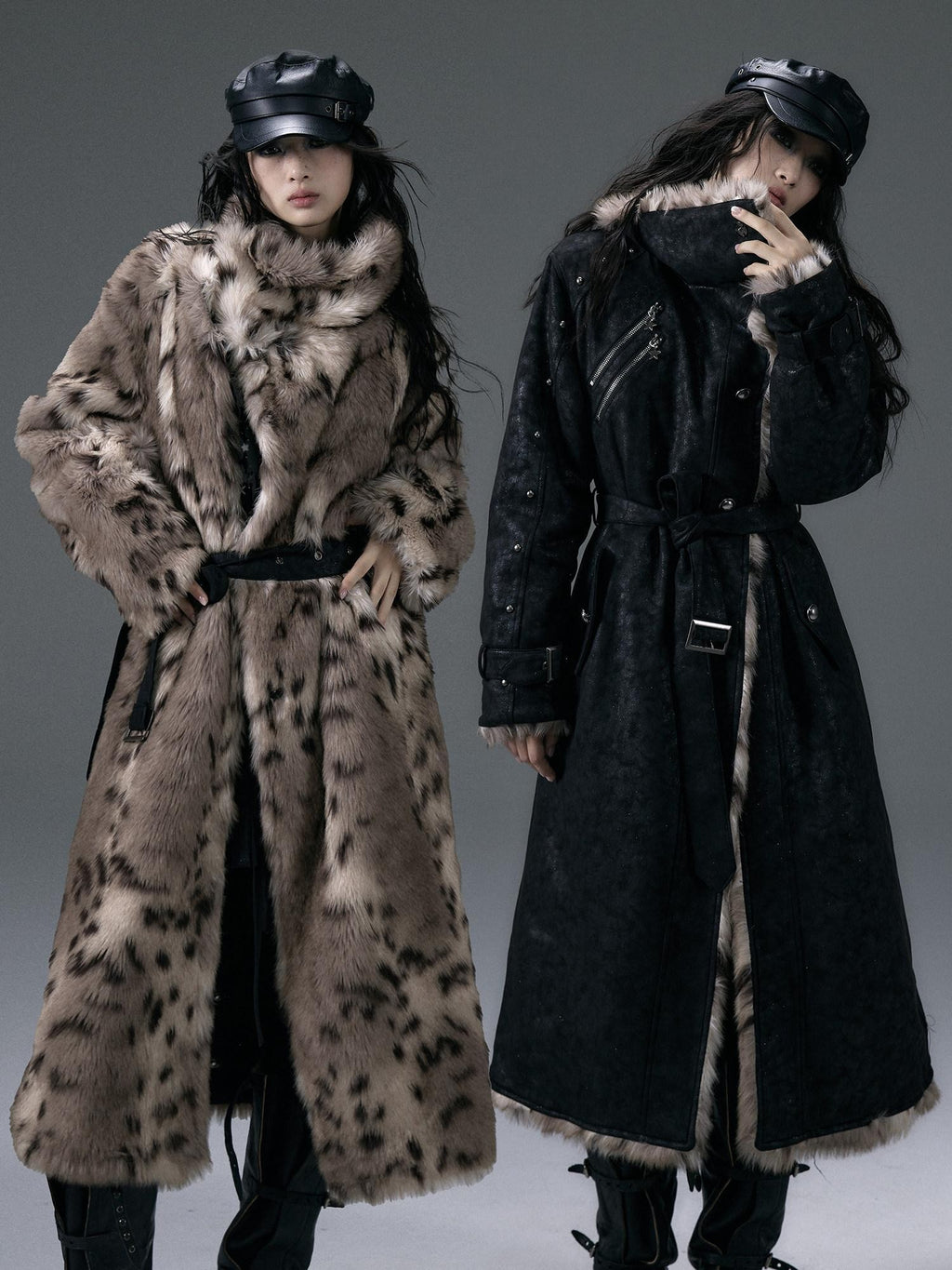 NO ROMANCE Punk Leopard Print Reversible Women'S Faux Suede Faux Fur Long Coats