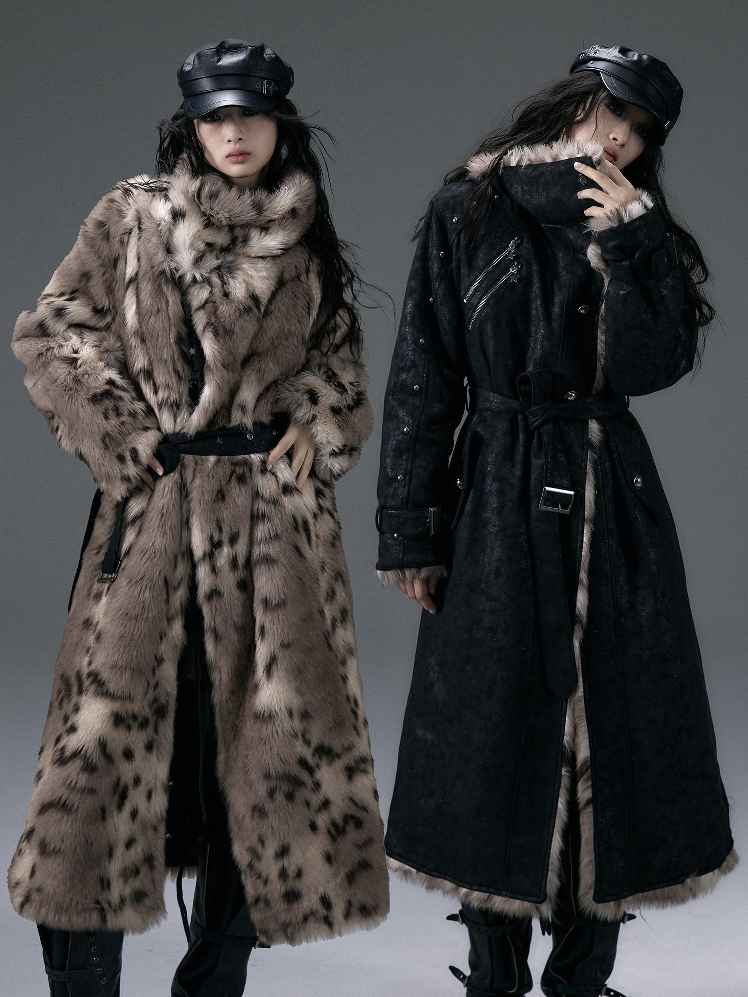 NO ROMANCE Punk Leopard Print Reversible Women'S Faux Suede Faux Fur Long Coats