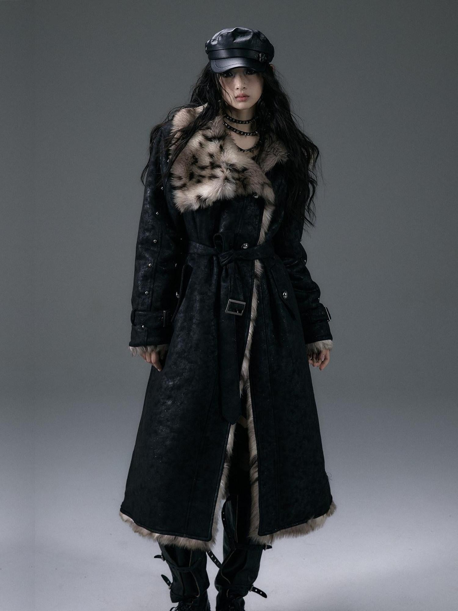 NO ROMANCE Punk Leopard Print Reversible Women'S Faux Suede Faux Fur Long Coats