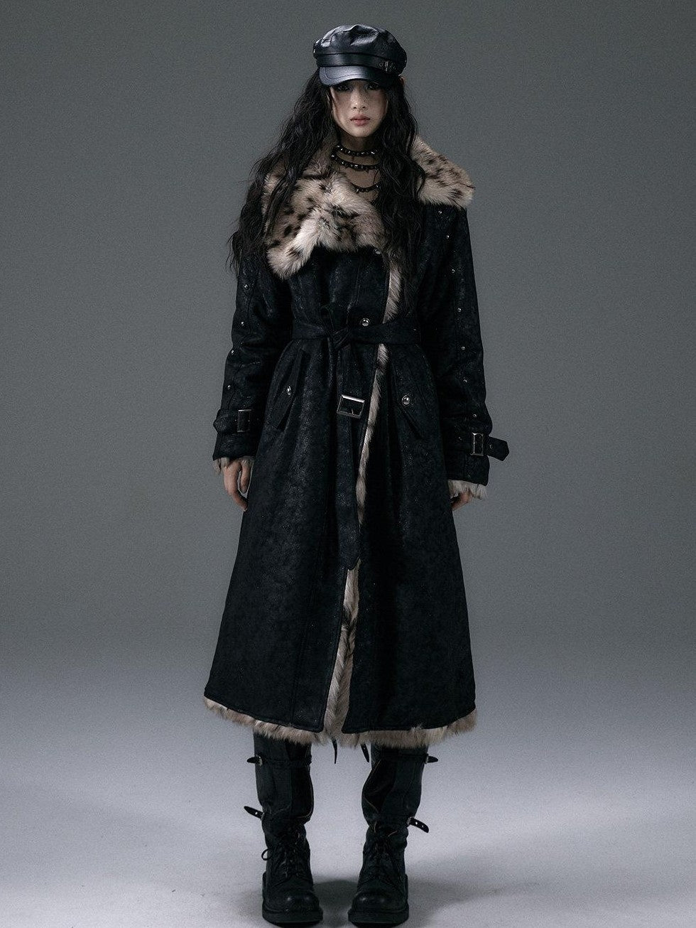 NO ROMANCE Punk Leopard Print Reversible Women'S Faux Suede Faux Fur Long Coats