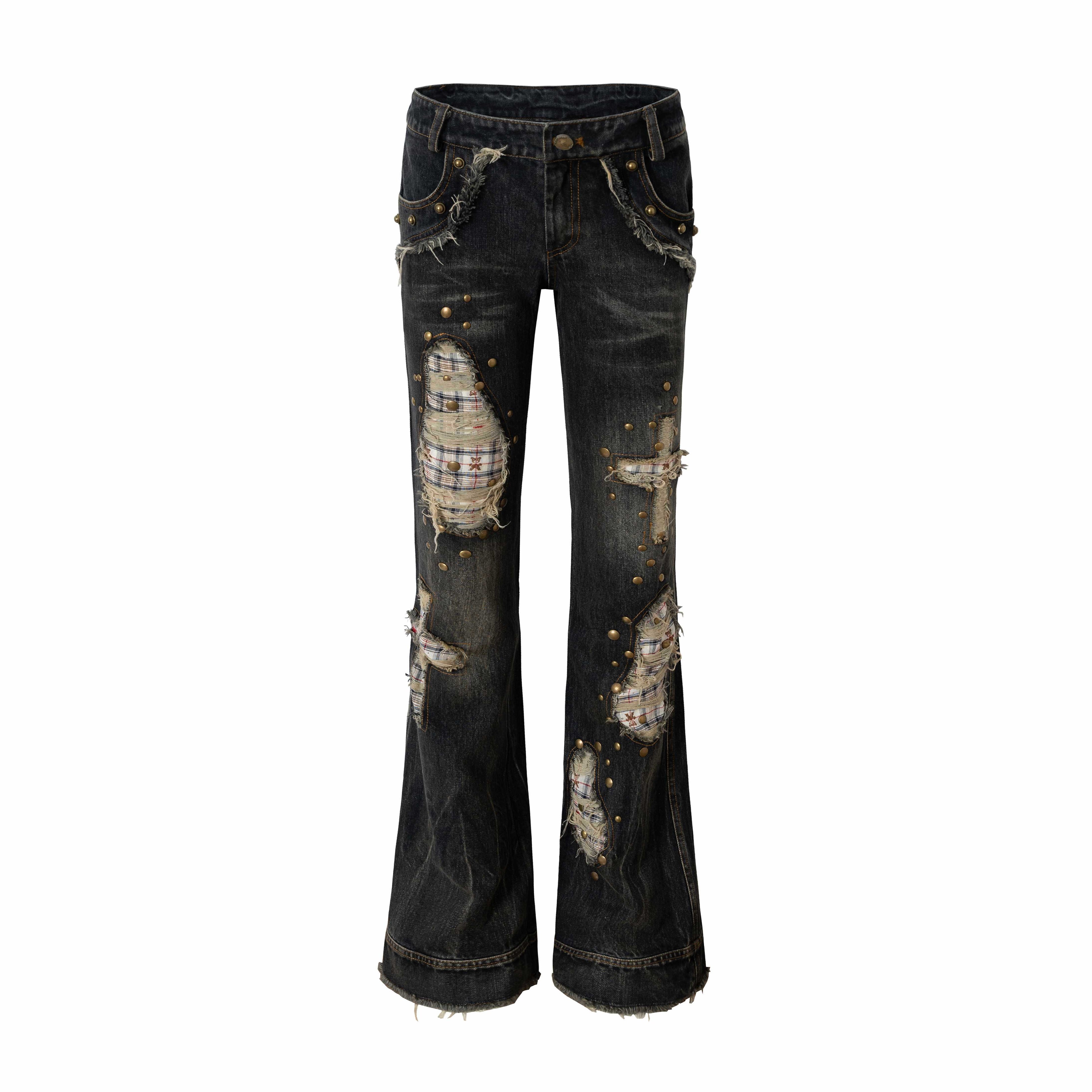 NO_ROMANCE_Punk_Patchwork_Plaid_Rhinestone_Washed_Women'S_Denim_Straight_Jeans_MISSTT