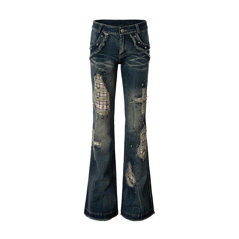 NO_ROMANCE_Punk_Patchwork_Plaid_Rhinestone_Washed_Women'S_Denim_Straight_Jeans_MISSTT