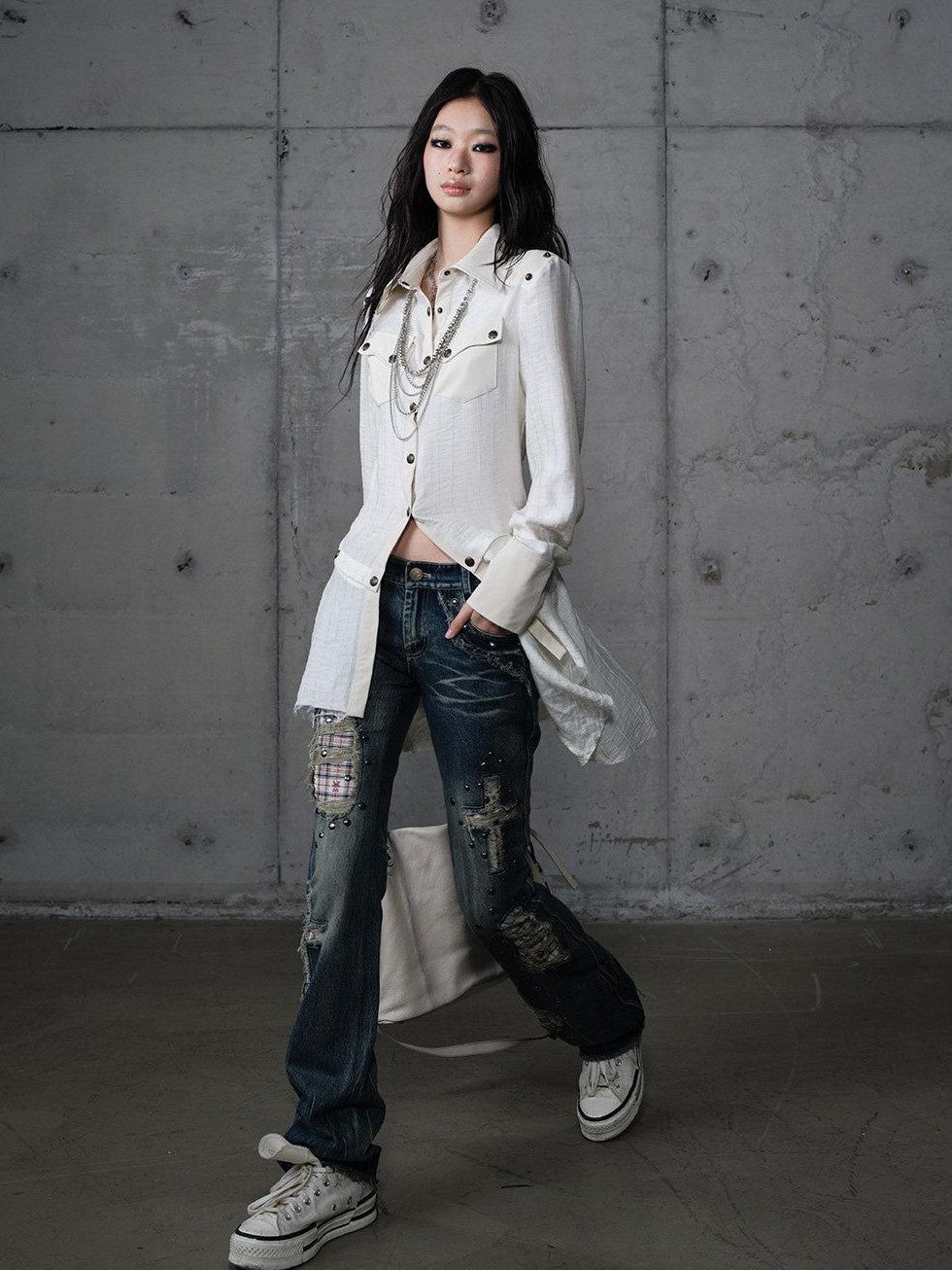 NO ROMANCE Punk Patchwork Plaid Rhinestone Washed Women'S Denim Straight Jeans