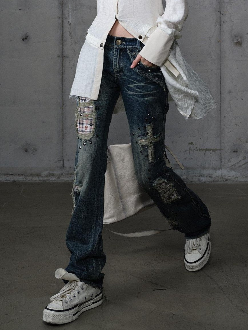 NO ROMANCE Punk Patchwork Plaid Rhinestone Washed Women'S Denim Straight Jeans