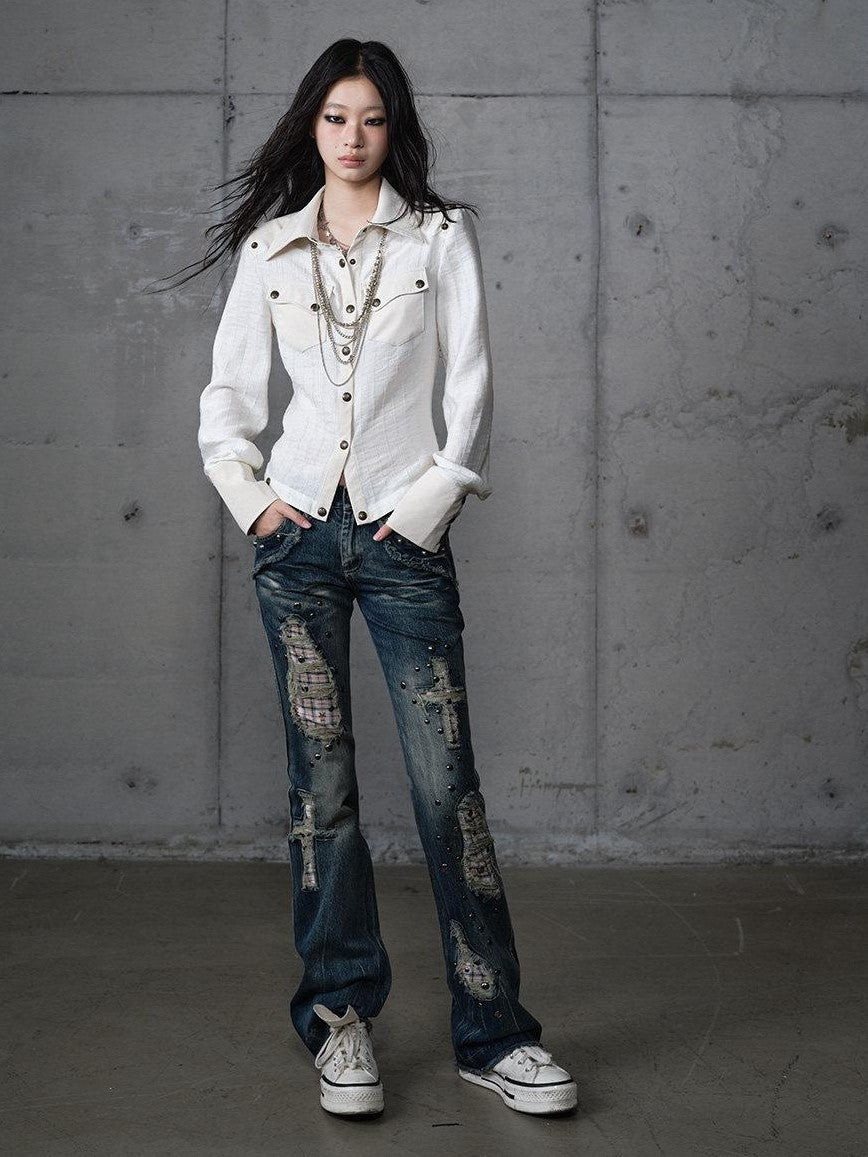 NO ROMANCE Punk Patchwork Plaid Rhinestone Washed Women'S Denim Straight Jeans