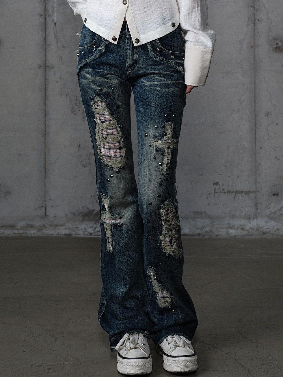 NO ROMANCE Punk Patchwork Plaid Rhinestone Washed Women'S Denim Straight Jeans
