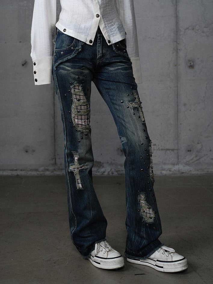 NO ROMANCE Punk Patchwork Plaid Rhinestone Washed Women'S Denim Straight Jeans