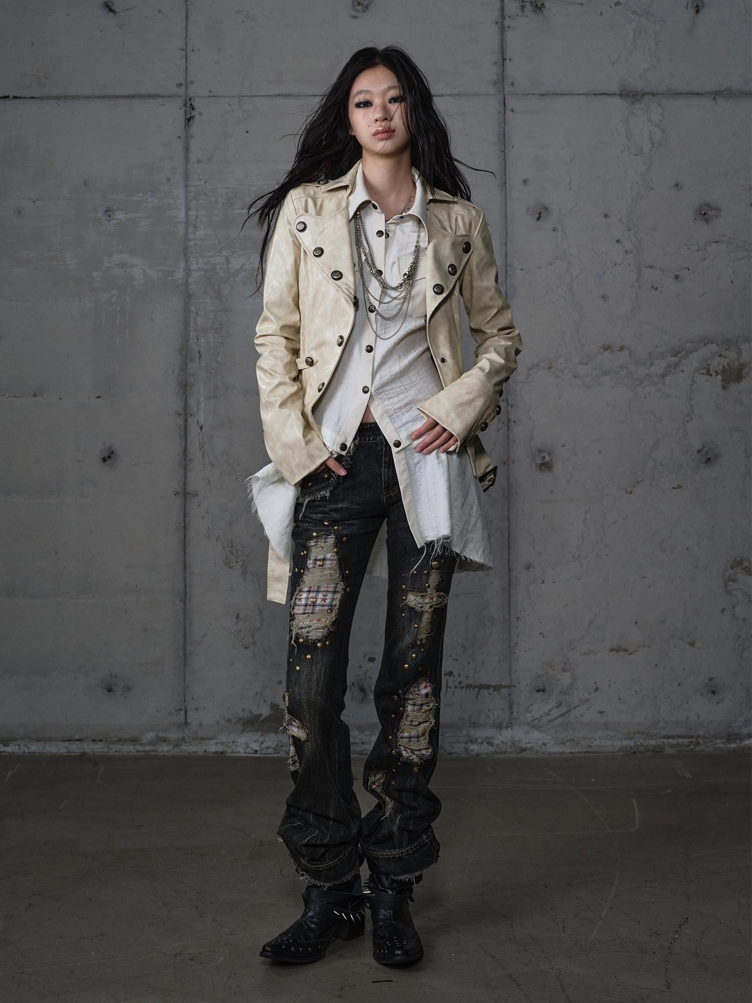 NO ROMANCE Punk Patchwork Plaid Rhinestone Washed Women'S Denim Straight Jeans