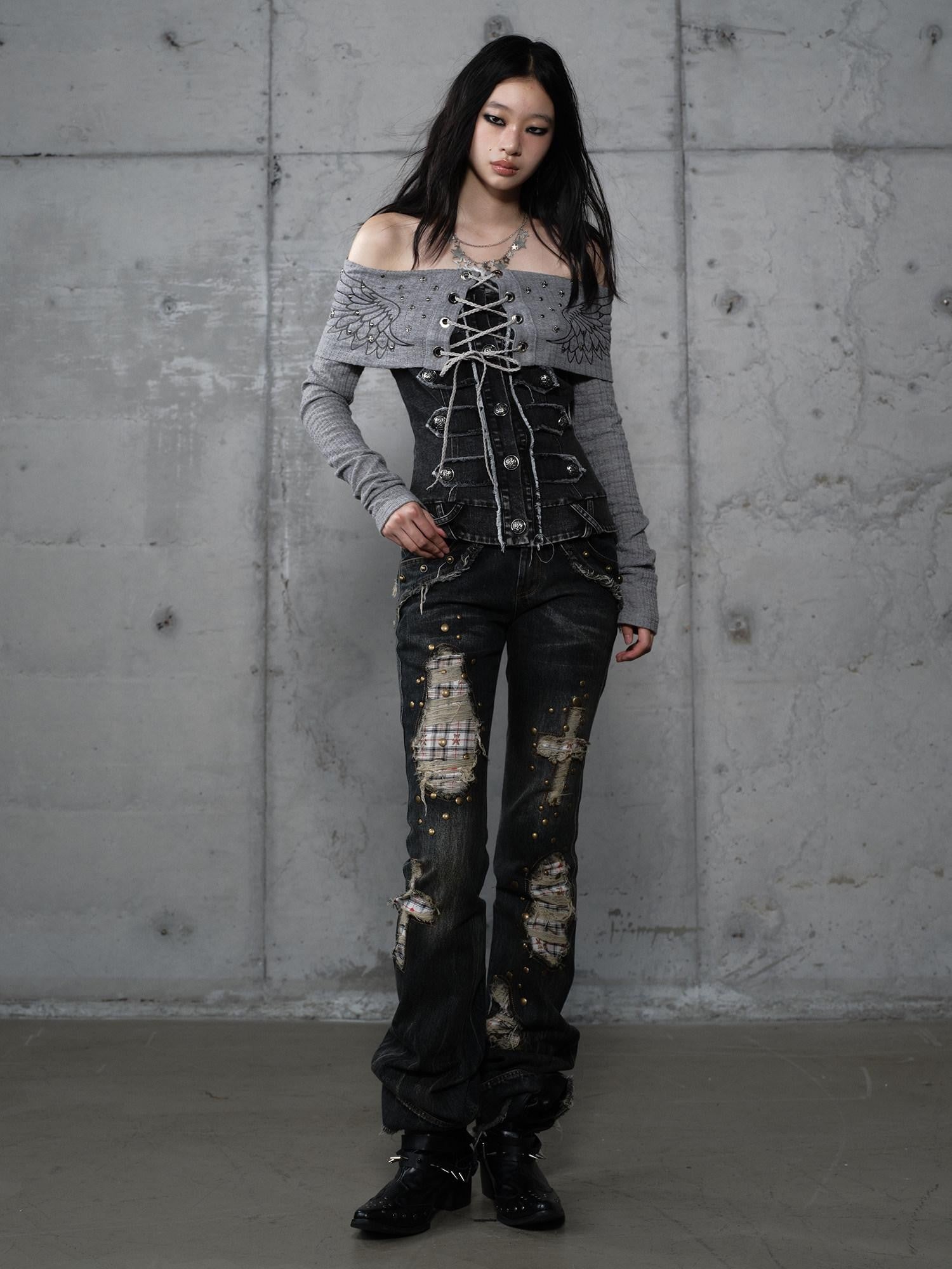 NO ROMANCE Punk Patchwork Plaid Rhinestone Washed Women'S Denim Straight Jeans