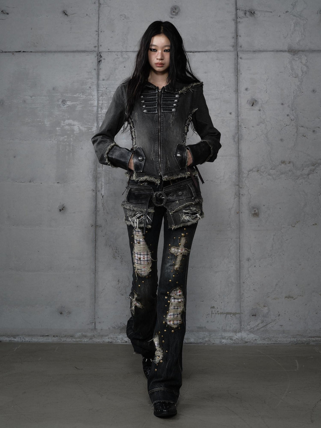 NO ROMANCE Punk Patchwork Plaid Rhinestone Washed Women'S Denim Straight Jeans