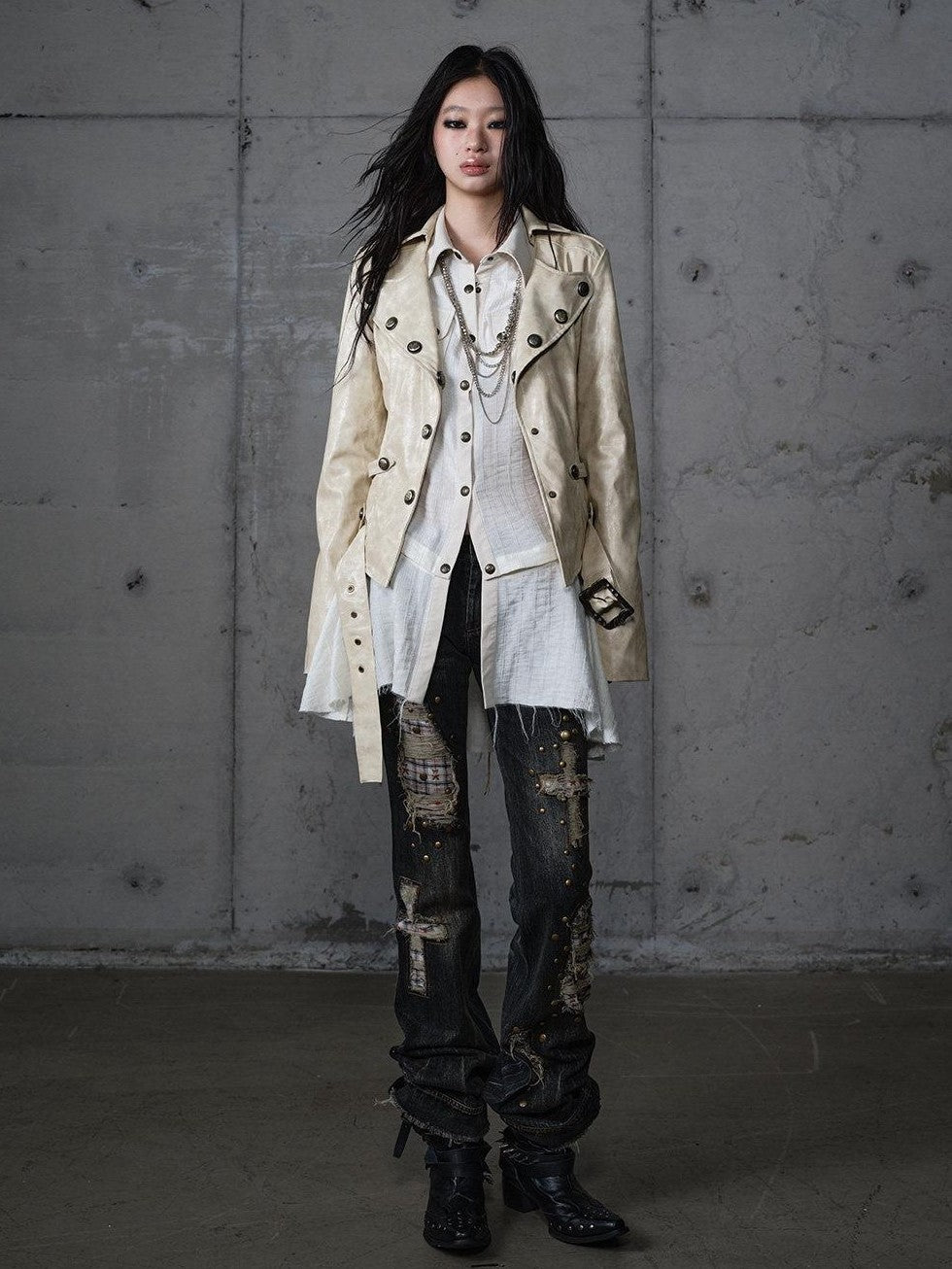 NO ROMANCE Punk Patchwork Plaid Rhinestone Washed Women'S Denim Straight Jeans