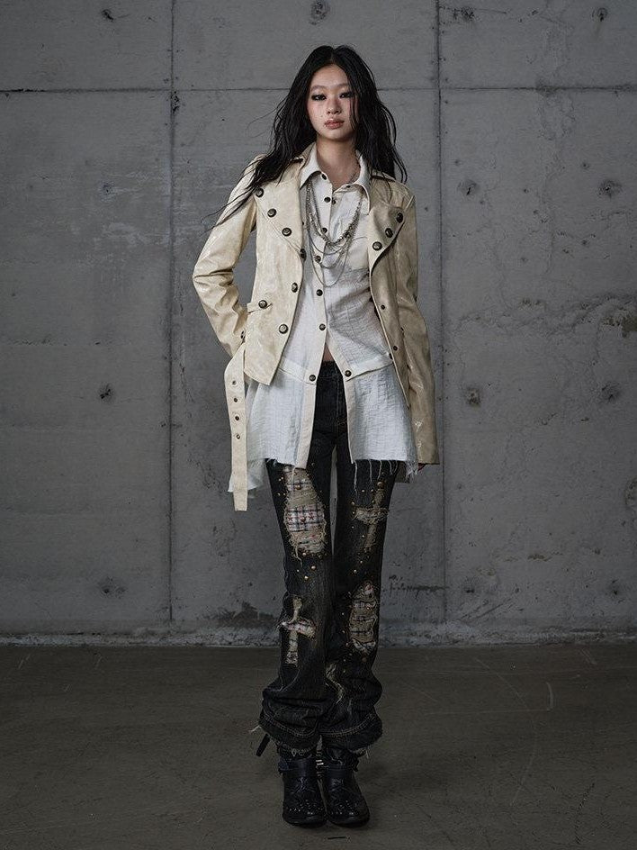 NO ROMANCE Punk Patchwork Plaid Rhinestone Washed Women'S Denim Straight Jeans