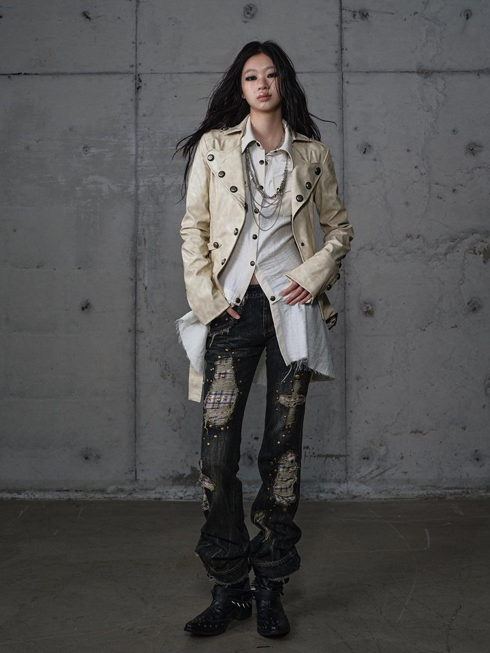 NO ROMANCE Punk Patchwork Plaid Rhinestone Washed Women'S Denim Straight Jeans