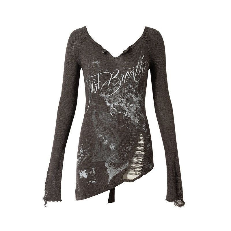 NO_ROMANCE_Punk_Reversible_Printed_Ripped_Slim_Vneck_Women'S_Polyester_Long_Sleeve_T-Shirts_MISSTT