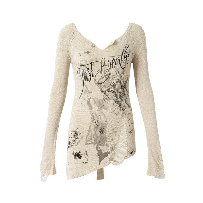 NO_ROMANCE_Punk_Reversible_Printed_Ripped_Slim_Vneck_Women'S_Polyester_Long_Sleeve_T-Shirts_MISSTT