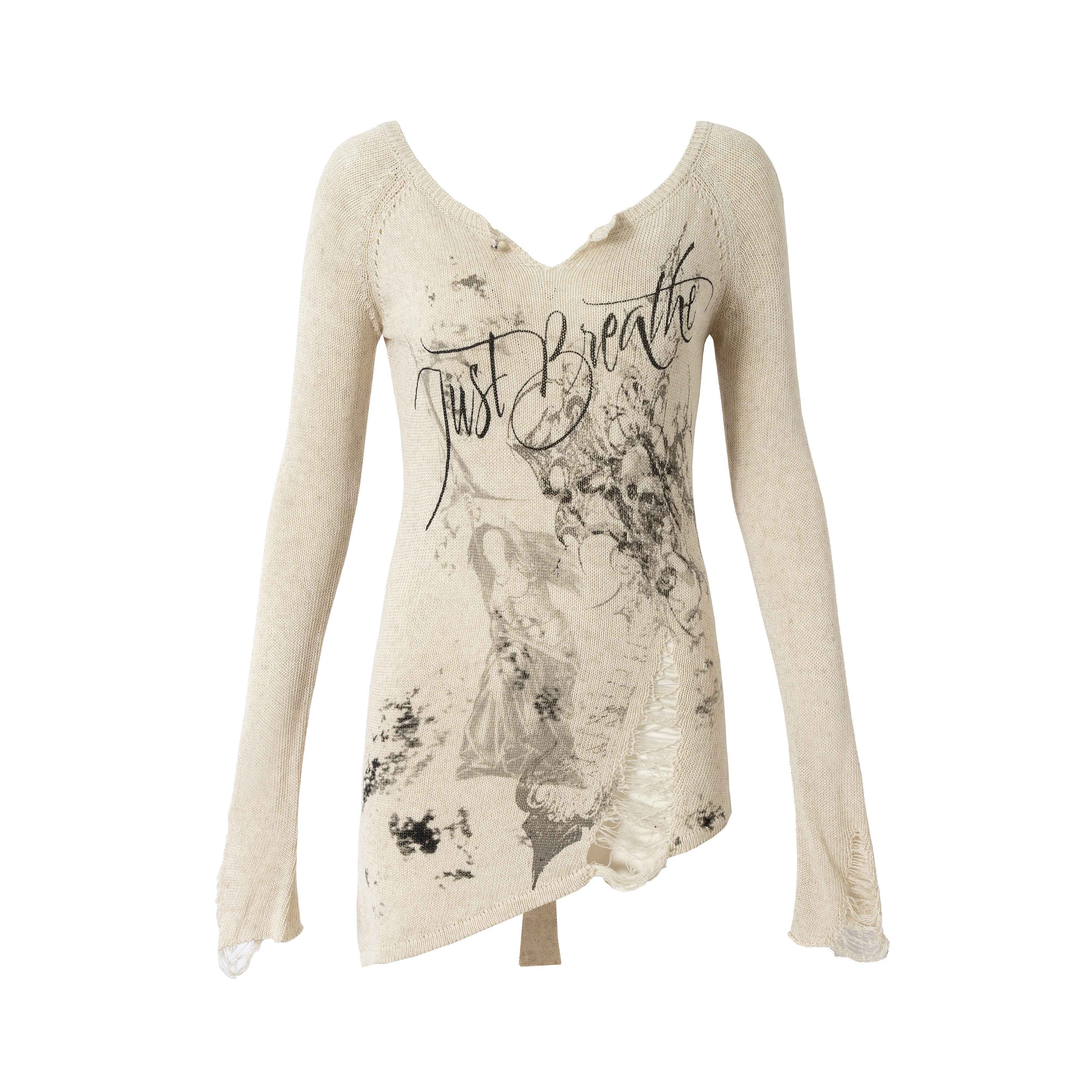 NO_ROMANCE_Punk_Reversible_Printed_Ripped_Slim_Vneck_Women'S_Polyester_Long_Sleeve_T-Shirts_MISSTT