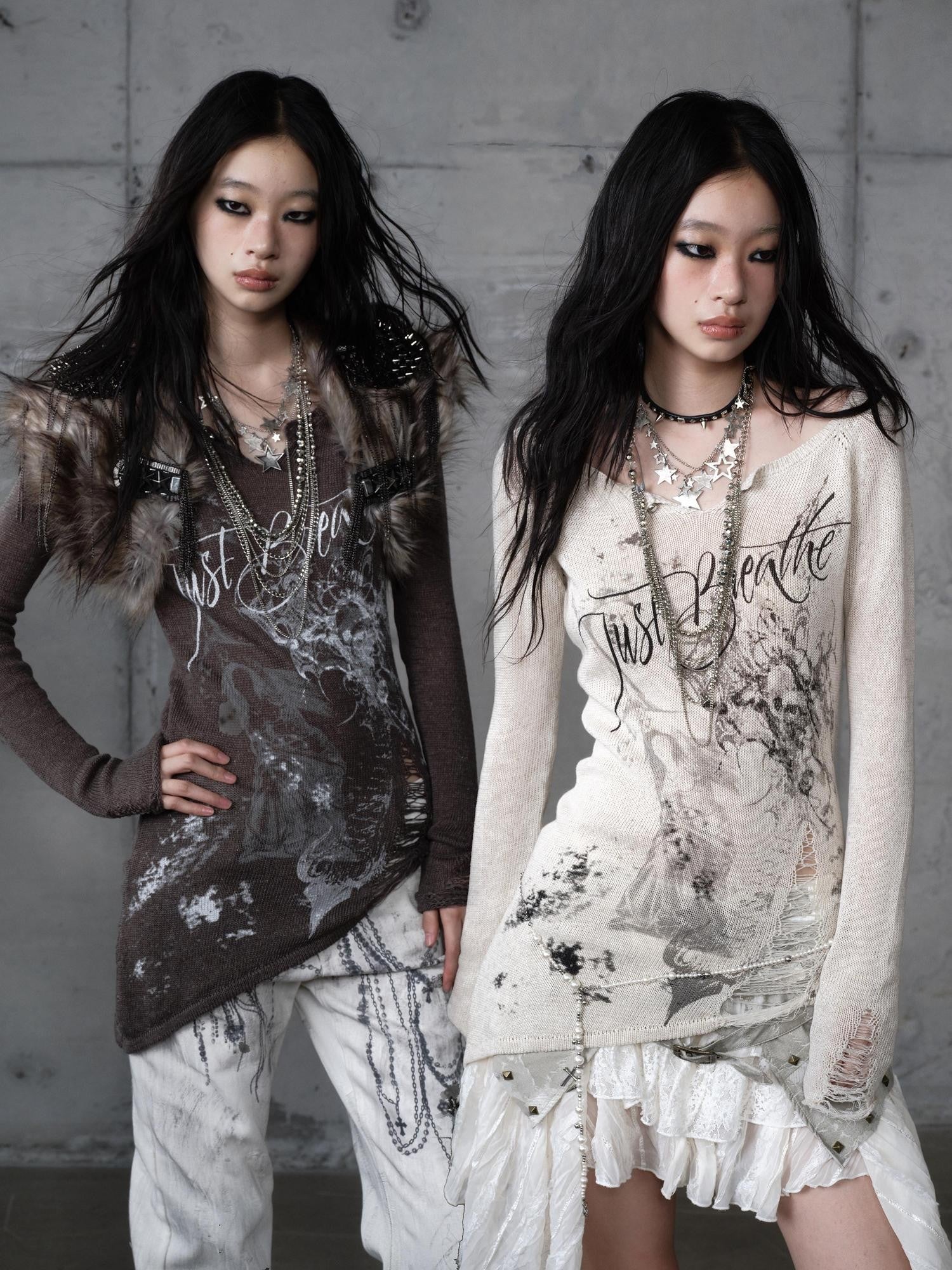 NO ROMANCE Punk Reversible Printed Ripped Slim Vneck Women'S Polyester Long Sleeve T-Shirts