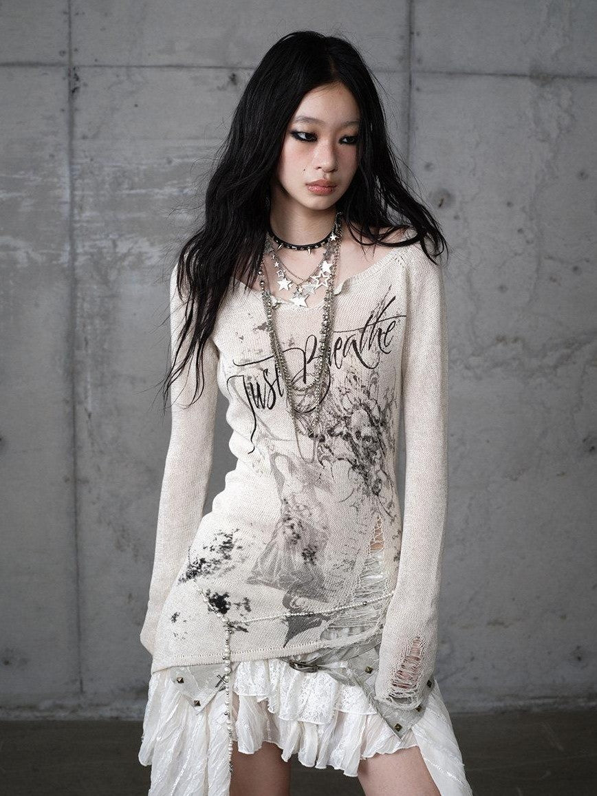 NO ROMANCE Punk Reversible Printed Ripped Slim Vneck Women'S Polyester Long Sleeve T-Shirts