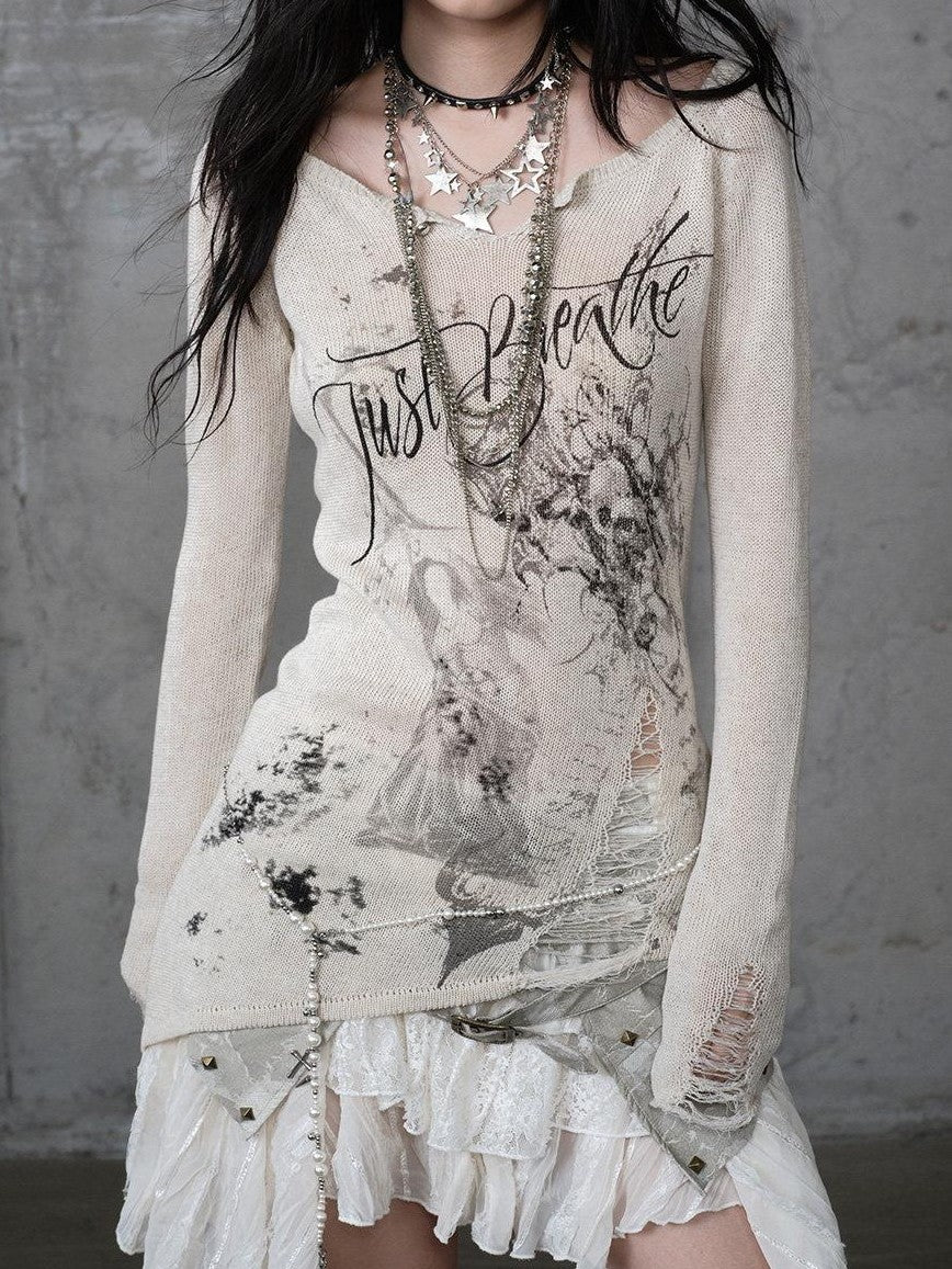 NO ROMANCE Punk Reversible Printed Ripped Slim Vneck Women'S Polyester Long Sleeve T-Shirts