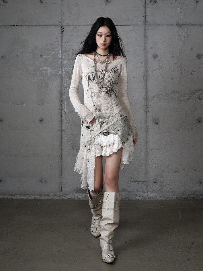 NO ROMANCE Punk Reversible Printed Ripped Slim Vneck Women'S Polyester Long Sleeve T-Shirts