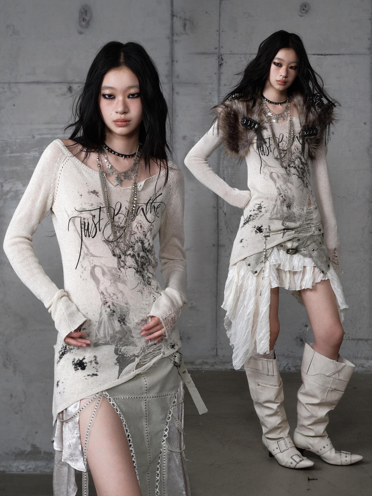 NO ROMANCE Punk Reversible Printed Ripped Slim Vneck Women'S Polyester Long Sleeve T-Shirts