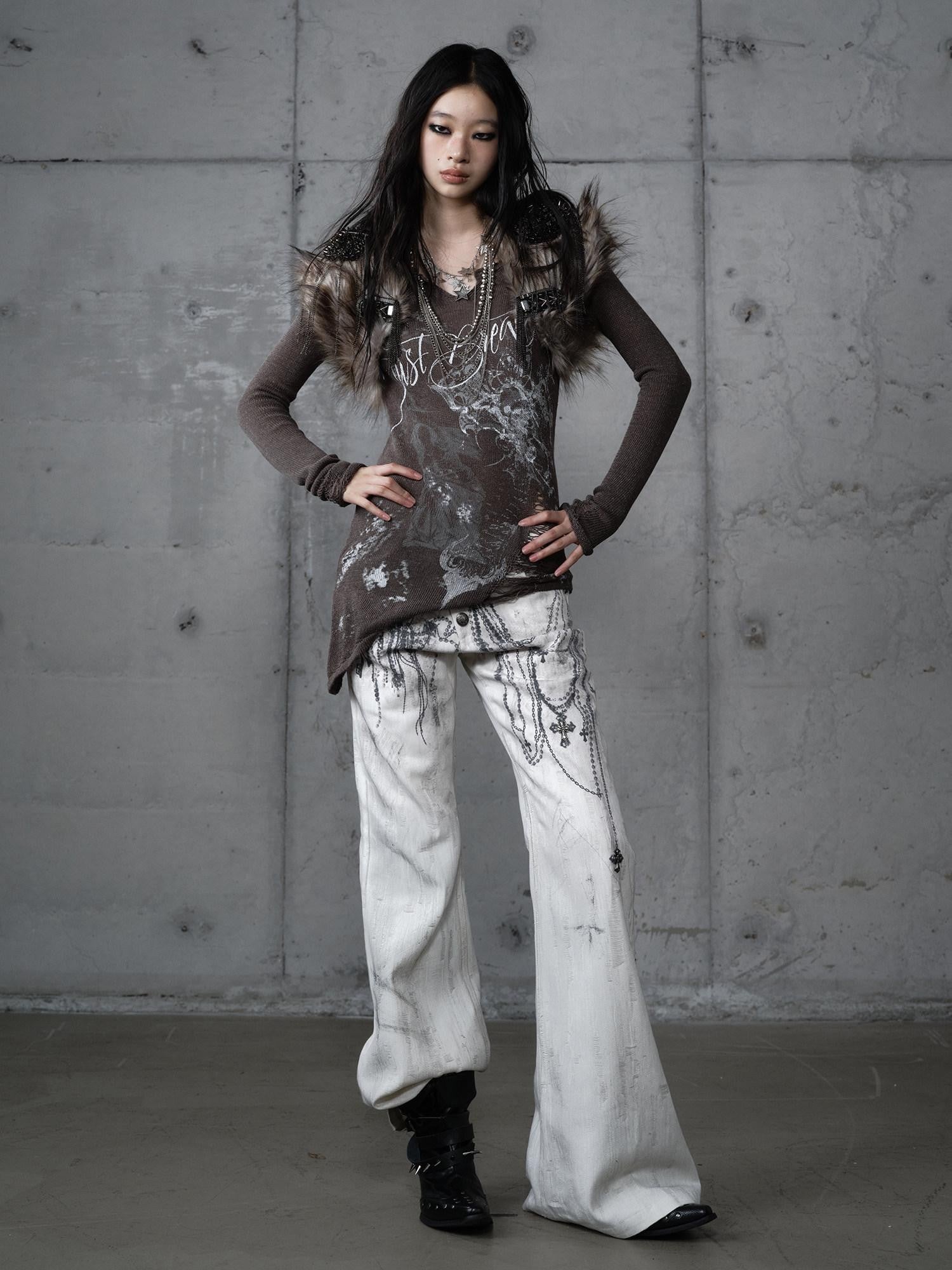 NO ROMANCE Punk Reversible Printed Ripped Slim Vneck Women'S Polyester Long Sleeve T-Shirts