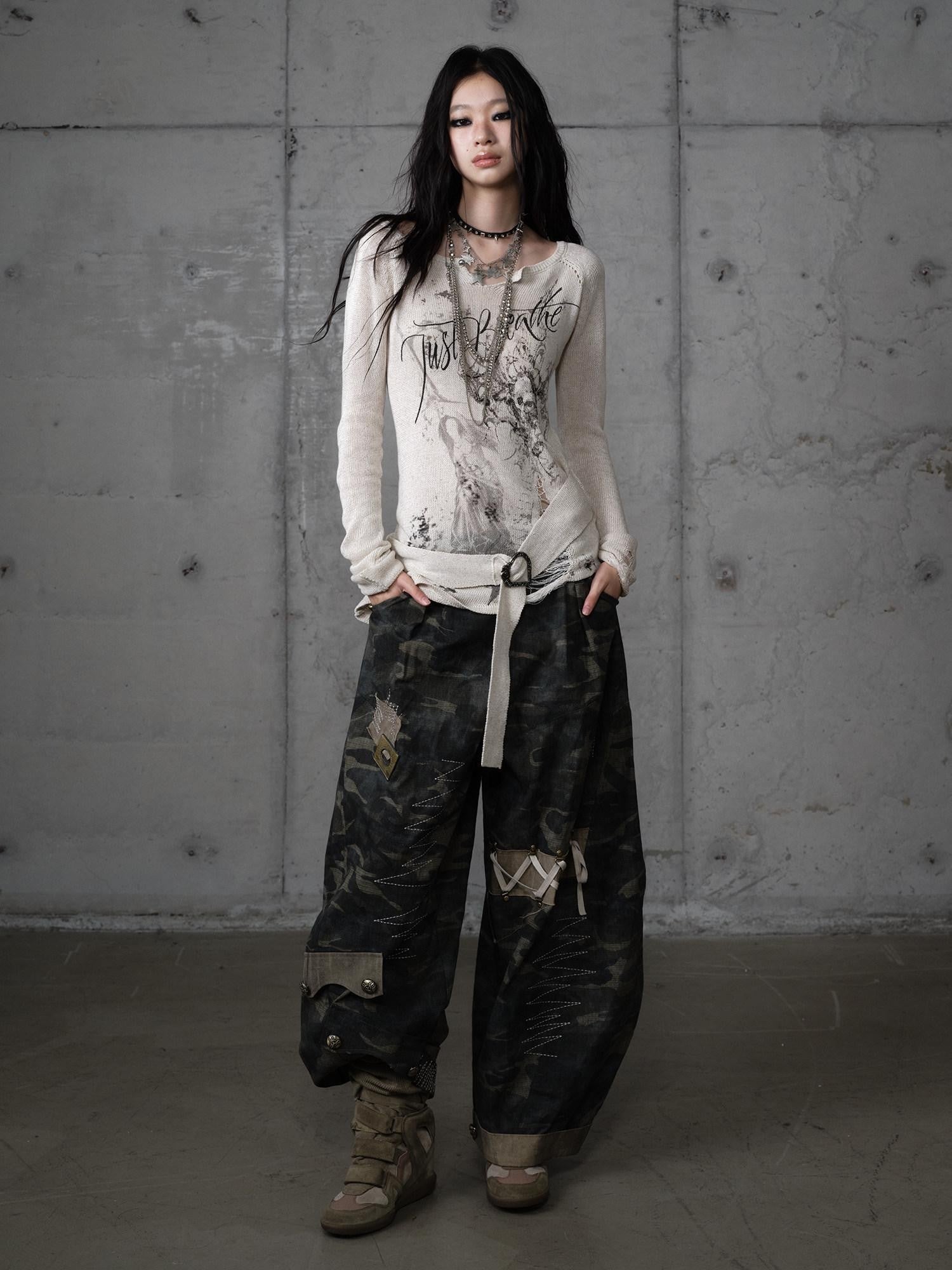 NO ROMANCE Punk Reversible Printed Ripped Slim Vneck Women'S Polyester Long Sleeve T-Shirts