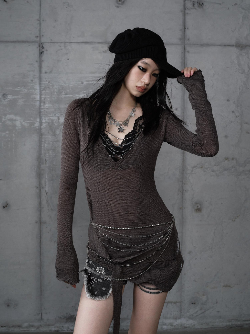 NO ROMANCE Punk Reversible Printed Ripped Slim Vneck Women'S Polyester Long Sleeve T-Shirts