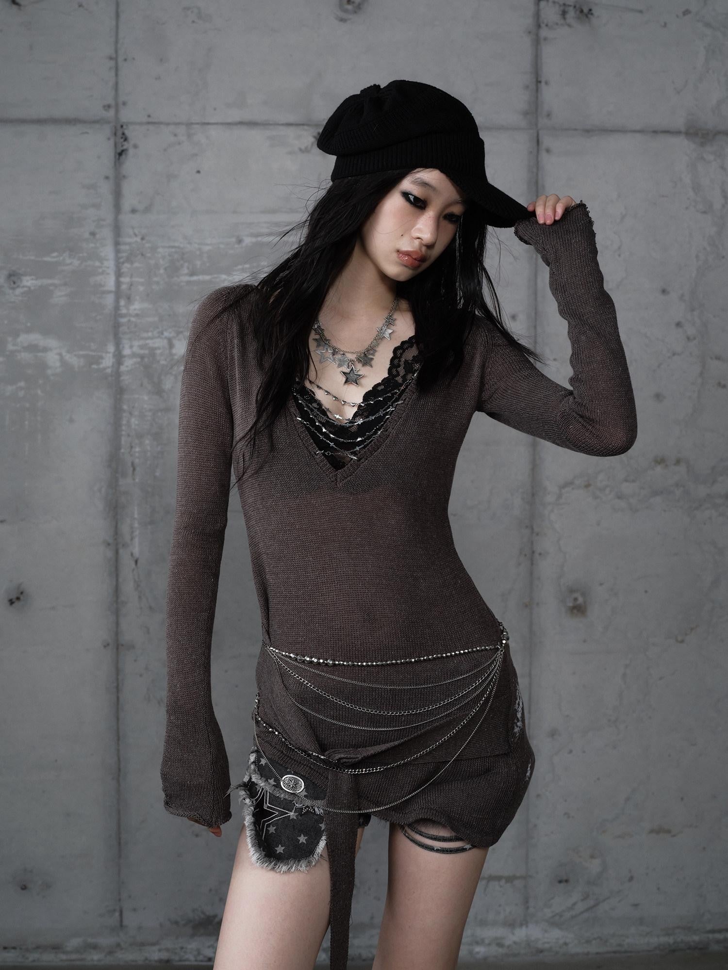 NO ROMANCE Punk Reversible Printed Ripped Slim Vneck Women'S Polyester Long Sleeve T-Shirts