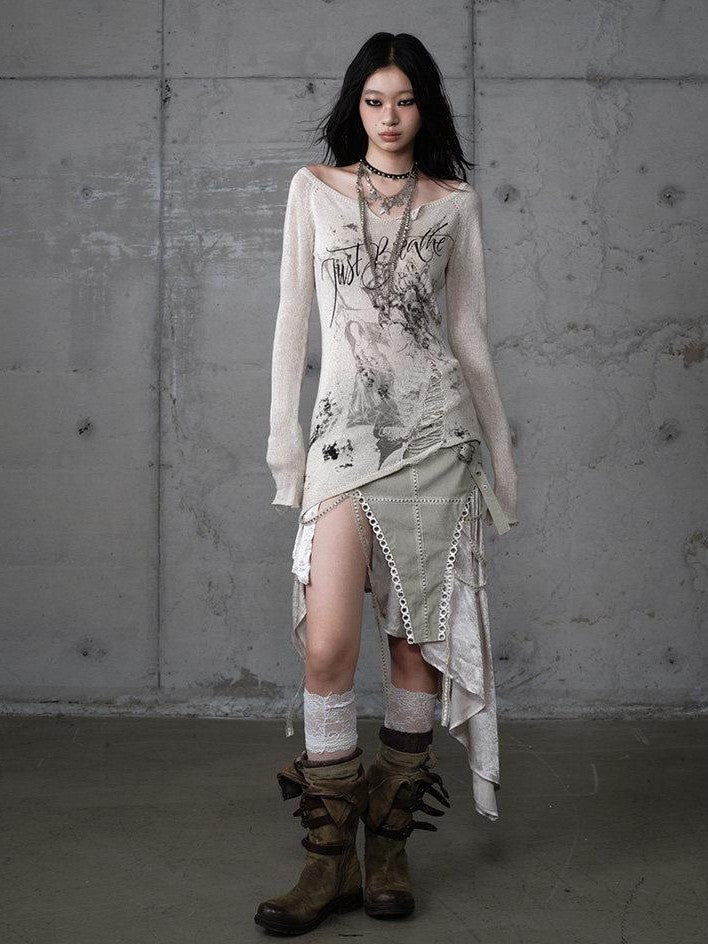 NO ROMANCE Punk Reversible Printed Ripped Slim Vneck Women'S Polyester Long Sleeve T-Shirts