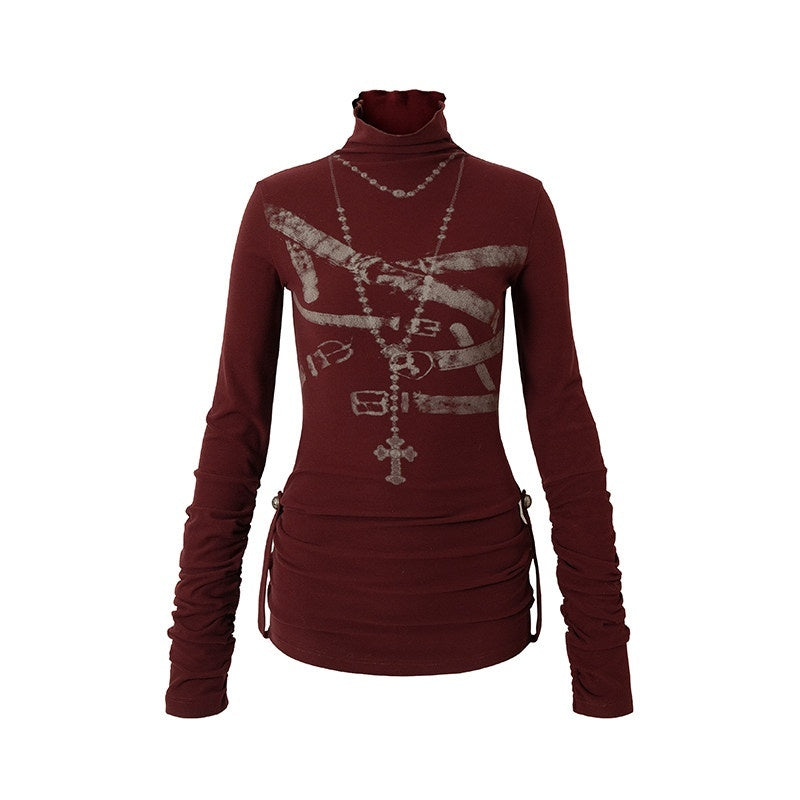 NO_ROMANCE_Punk_Rock_Applique_Print_High_Neck_Women'S_Cotton_Blend_Long_Sleeve_T-Shirts_MISSTT