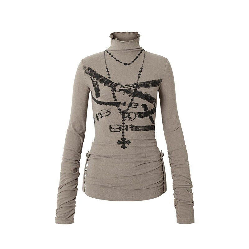 NO_ROMANCE_Punk_Rock_Applique_Print_High_Neck_Women'S_Cotton_Blend_Long_Sleeve_T-Shirts_MISSTT