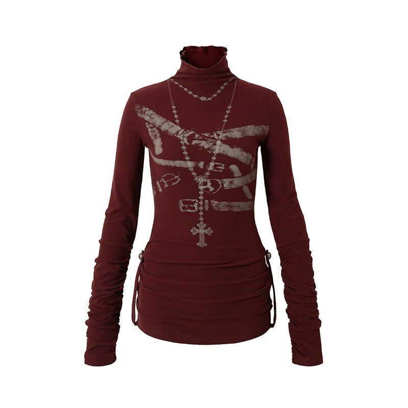 NO_ROMANCE_Punk_Rock_Applique_Print_High_Neck_Women'S_Cotton_Blend_Long_Sleeve_T-Shirts_MISSTT