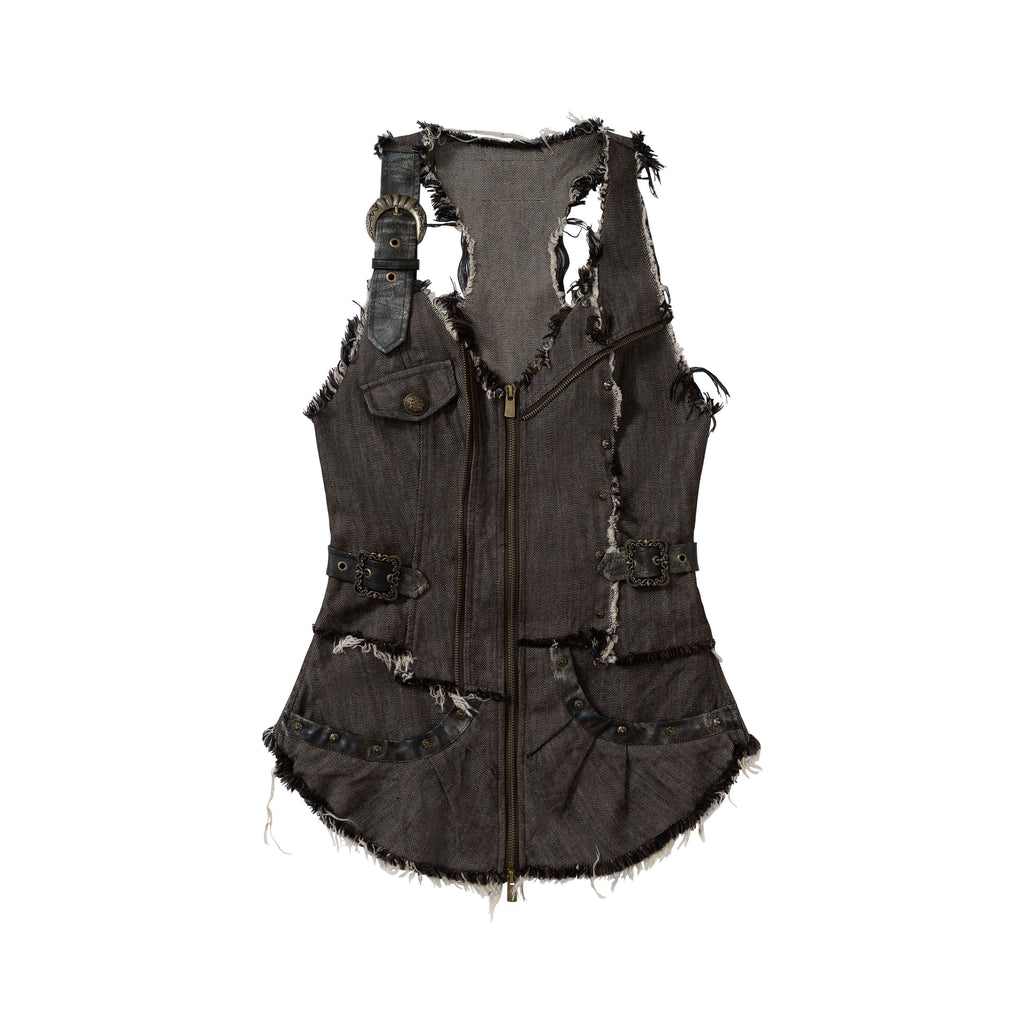 NO_ROMANCE_Punk_Wasteland_Layered_Asymmetrical_Cinched_Waist_Women'S_Denim_Vests_MISSTT