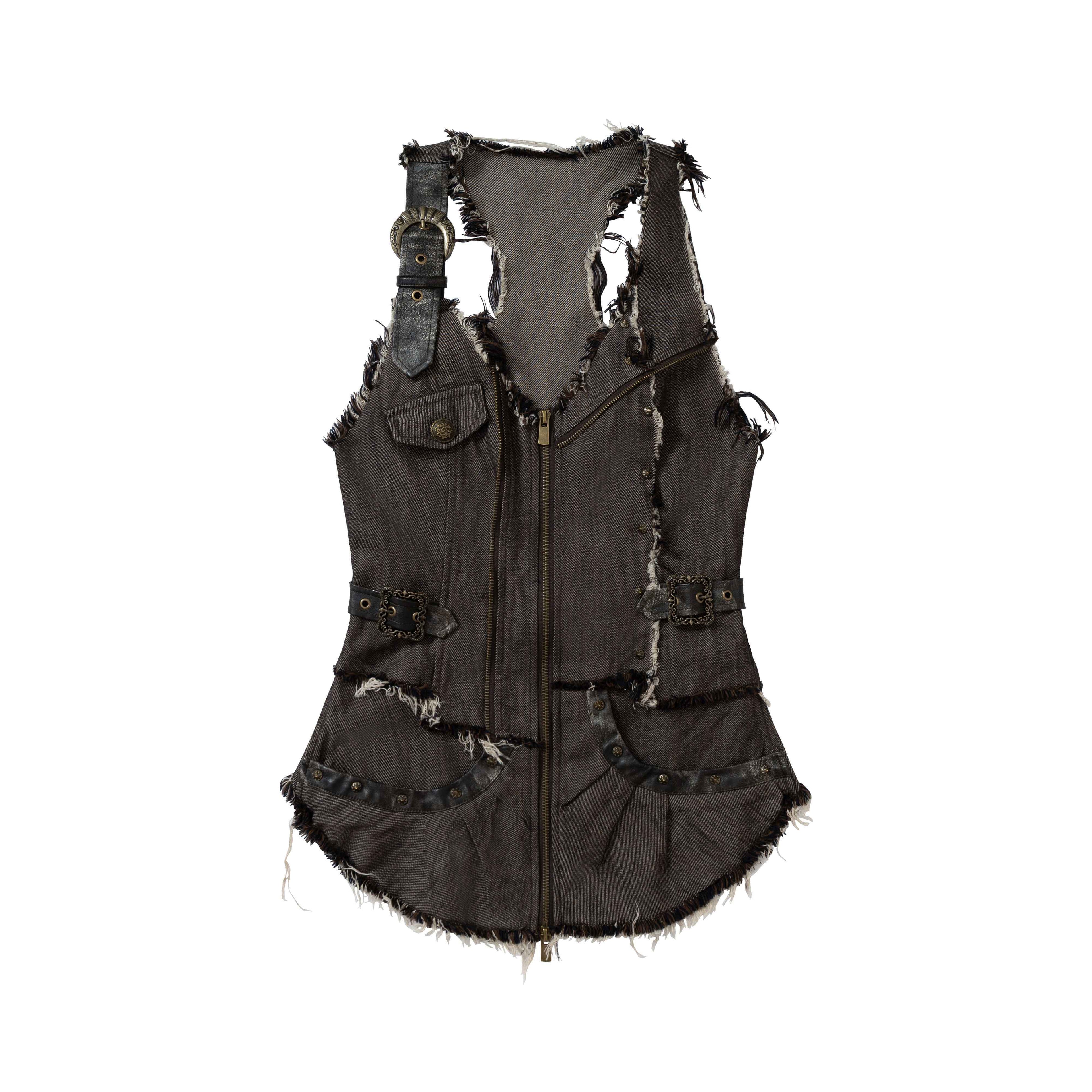 NO_ROMANCE_Punk_Wasteland_Layered_Asymmetrical_Cinched_Waist_Women'S_Denim_Vests_MISSTT