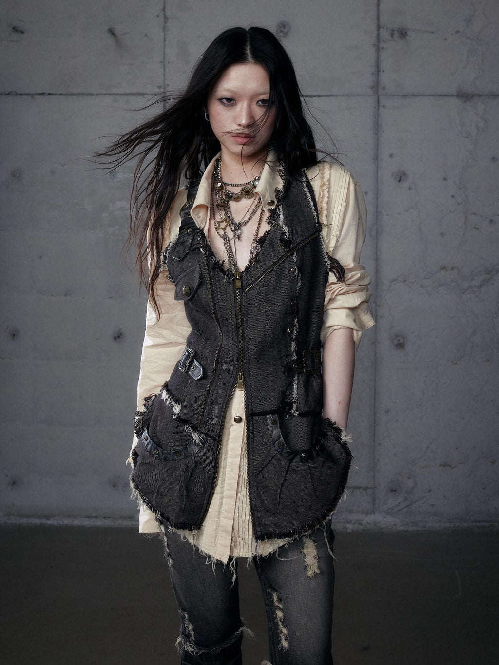 NO ROMANCE Punk Wasteland Layered Asymmetrical Cinched Waist Women'S Denim Vests