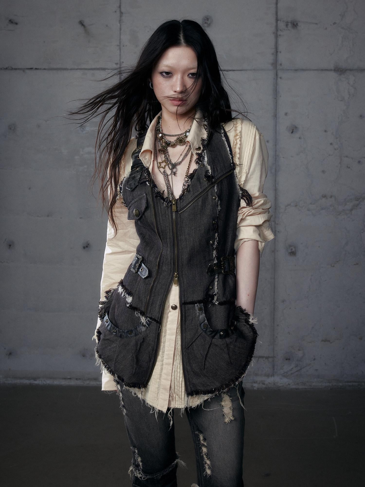 NO ROMANCE Punk Wasteland Layered Asymmetrical Cinched Waist Women'S Denim Vests