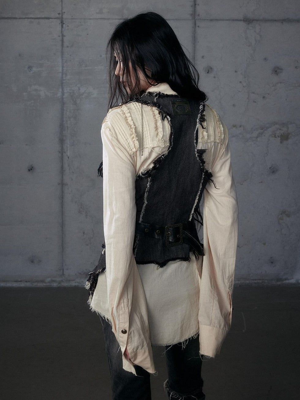NO ROMANCE Punk Wasteland Layered Asymmetrical Cinched Waist Women'S Denim Vests