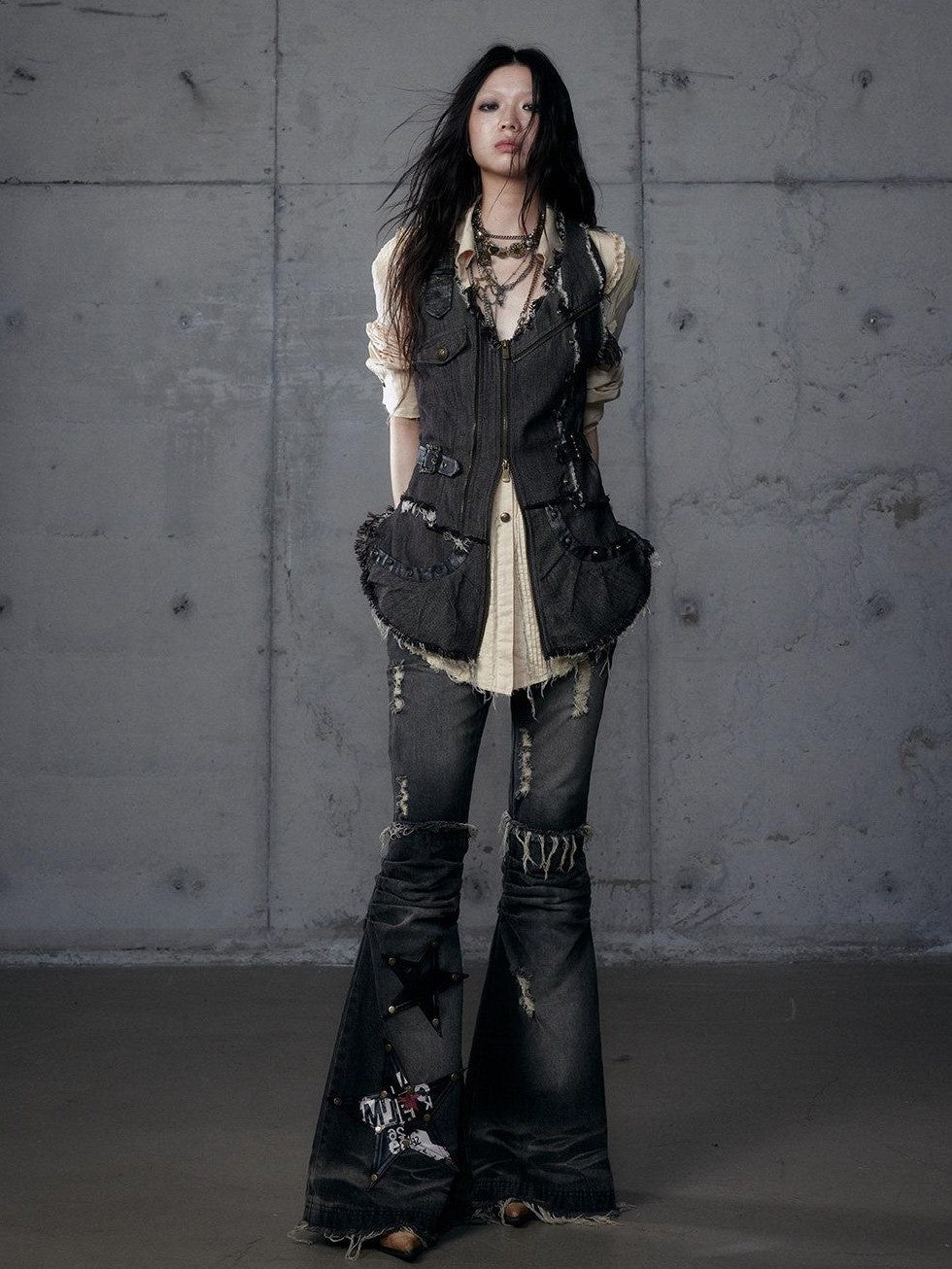 NO ROMANCE Punk Wasteland Layered Asymmetrical Cinched Waist Women'S Denim Vests