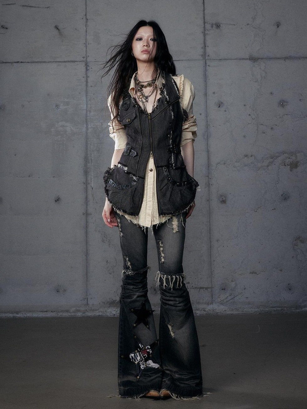 NO ROMANCE Punk Wasteland Layered Asymmetrical Cinched Waist Women'S Denim Vests
