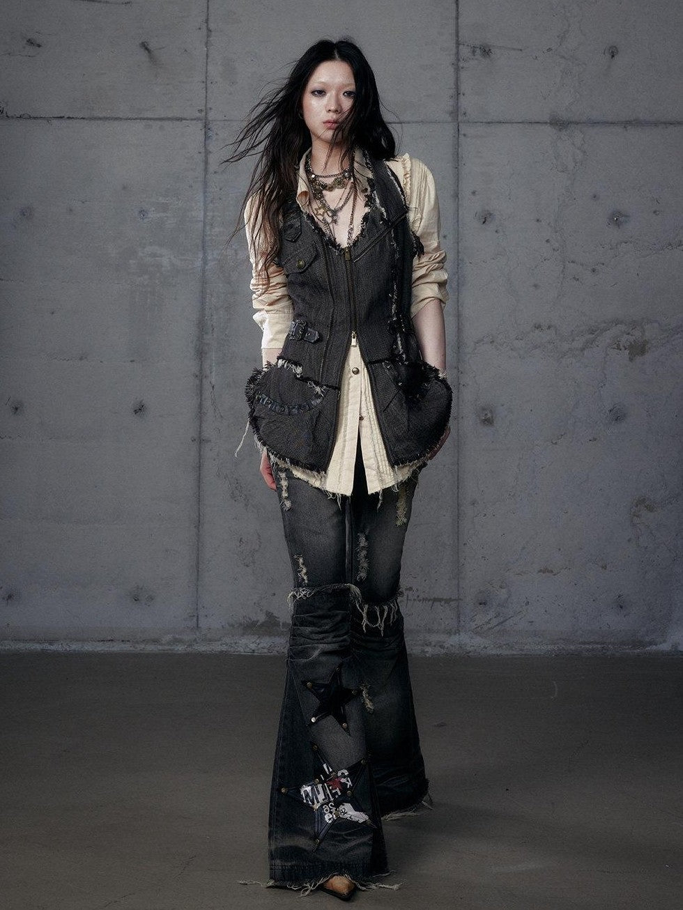 NO ROMANCE Punk Wasteland Layered Asymmetrical Cinched Waist Women'S Denim Vests